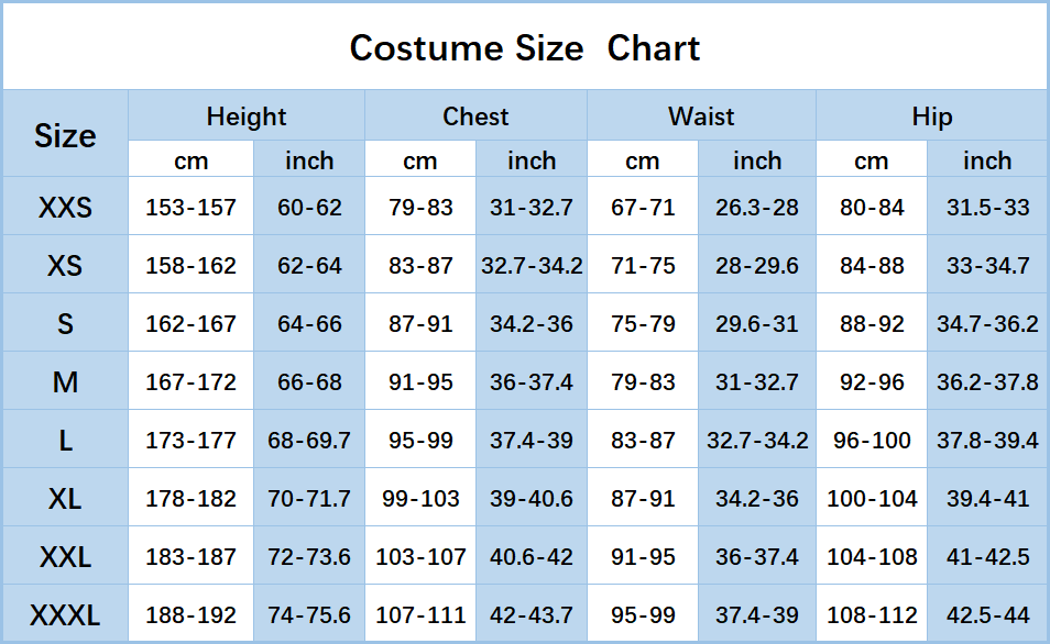 Men cosplay size chart Men cosplay size chart