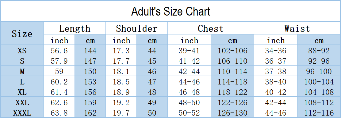 Women cosplay size chart Women cosplay size chart