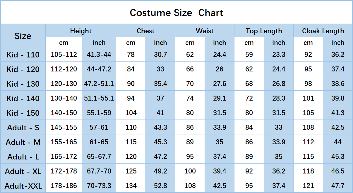 Men cosplay size chart Men cosplay size chart