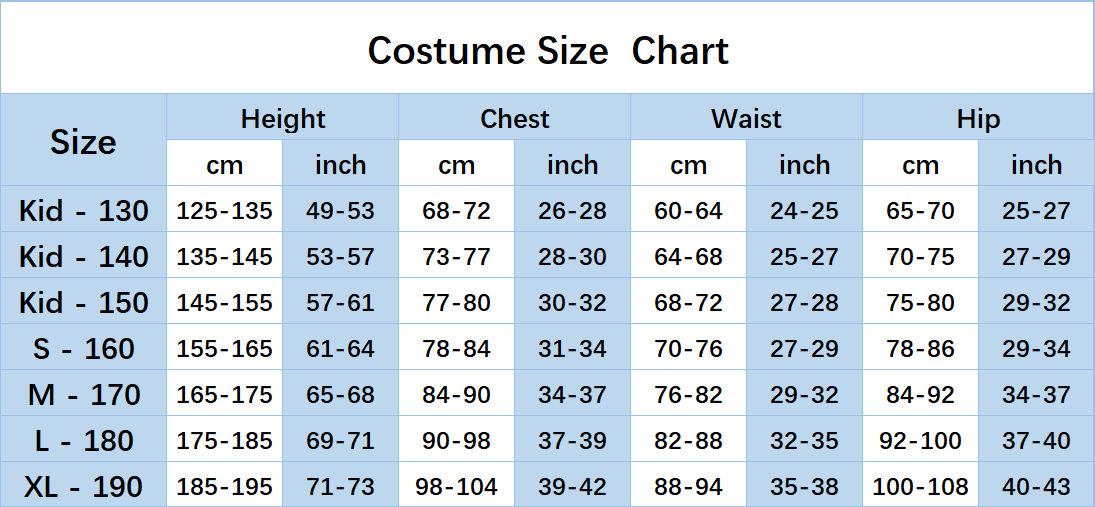 Men cosplay size chart Men cosplay size chart