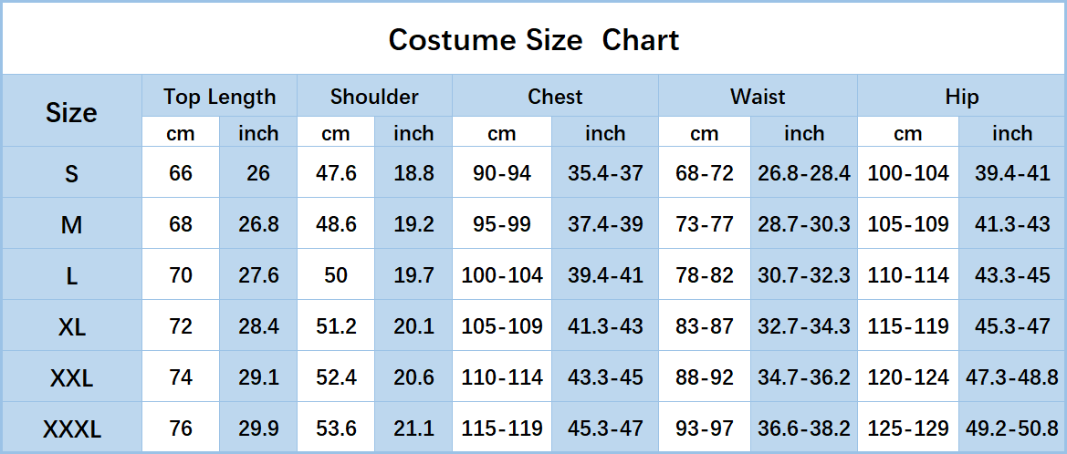 Men cosplay size chart Men cosplay size chart