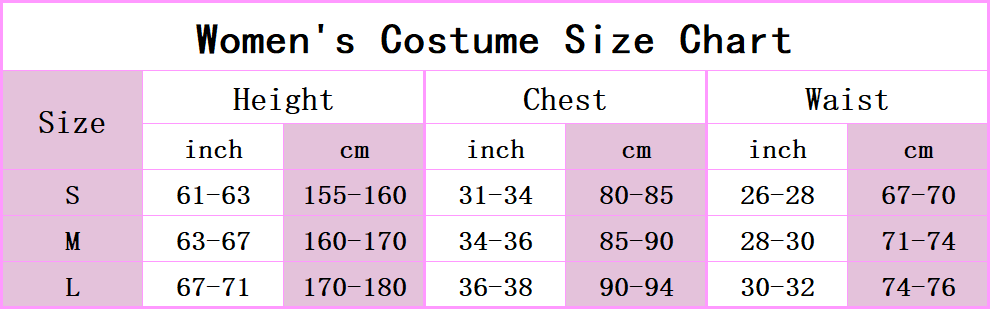 Women cosplay size chart Women cosplay size chart