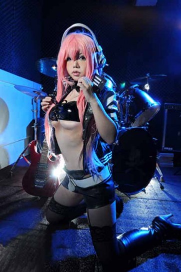 Super Sonico Black Leather Suits Cosplay Costume  GC0093