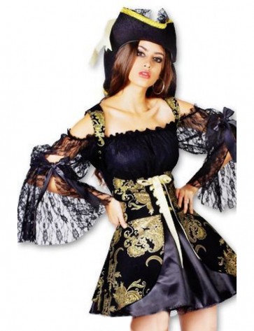 Black Lace Printing Pirates Halloween Costume For Fancy Dress Of Caribbean MC0081