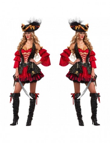  Red And Black Pirate Halloween Costume For Adult Women Party Fashion Dress MC0077