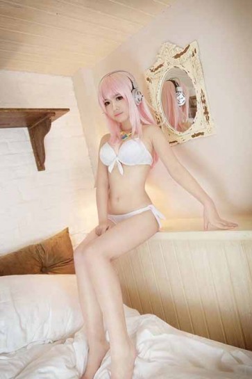 Super Sonico Swimsuit Black White Bikini Cosplay Costume  GC0086