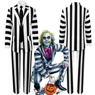 Halloween Beetlejuice Cosplay Costume Black And White Striped Suit