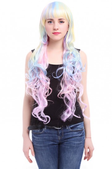  86cm 2 styles long harajuku multi-color wavy Anime Cosplay party hair wig CW00231
