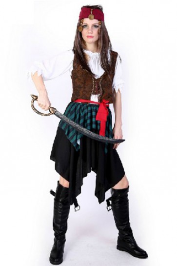 Popular Series Pirate Of The Caribbean Red Belt Brown Jacket Cosplay Costume  FHC00223
