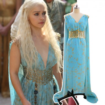 Game Of Thrones Daenerys Targaryen With Special Design Blue Dress Cosplay Costume MOC0016