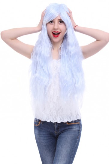 Fashion ladies  coaplay wig 90cm long Rhapsody sax blue fade to white curly wave hair CW00220
