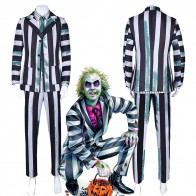 Beetlejuice Halloween Cosplay Costume Grey and Blue Striped Suit