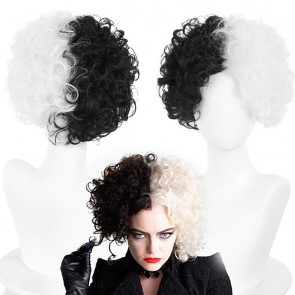 Cruella Halloween Cruella De Vil Black White Curly Cosplay Wigs