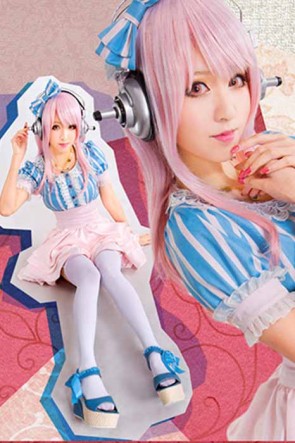 Super Sonico Blue And Pink Stripe Tall Waist Wavy Skirt Cosplay Costume GC0090