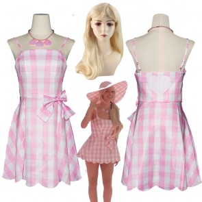 Barbie Movie 2023 Pink Gingham Plaid Dress Halloween Party Cosplay Costume