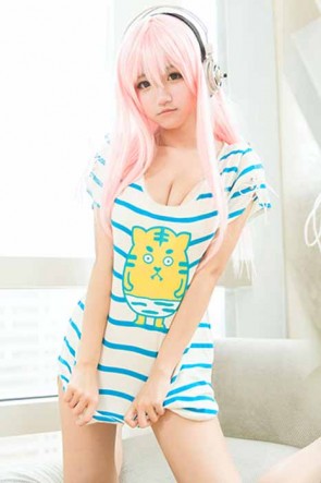 Super Sonico Blue And White Stripes T-shirt Cosplay Costume GC0097