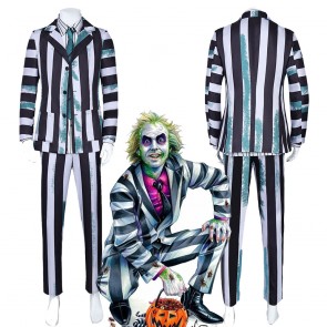 Beetlejuice Halloween Cosplay Costume Grey and Blue Striped Suit