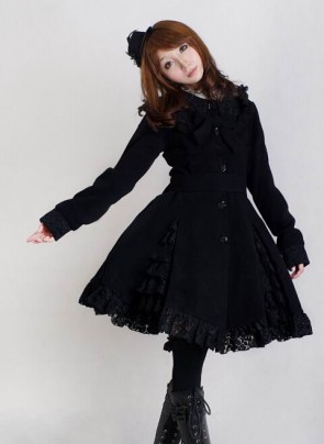 Gorgeous Black Long Sleeves Bow Black Lace Lolita Coat LC0018