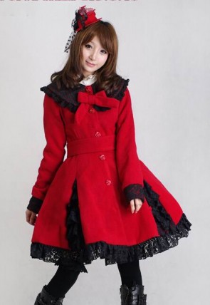 Glamorous Red Long Sleeves Bow Black Lace Lolita Coat LC0019