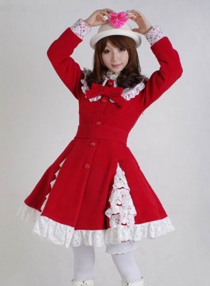 Glamorous Red Long Sleeves Bow White Lace Lolita Coat LC0020