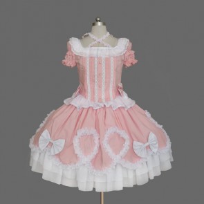 Pink And White Short Sleeves Bow Buttons Cute Sweet Lolita Dress LD00291