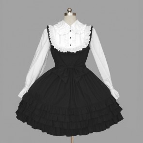 Black And White Long Sleeves Ruffles Cotton Gothic Lolita Dress LD00293