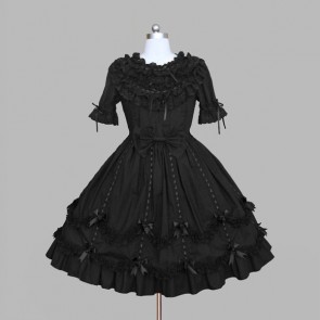 Black Round Neck Bows Cotton Gothic Lolita Dress LD00294