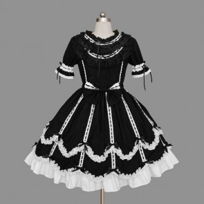 Black And White Short Sleeves Elegant Cotton Gothic Lolita Dress LD00296