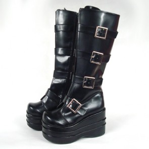 Black 3.9" Heel High Beautiful PU Round Toe Stud Buckles Platform Lady Lolita Boots LF00217