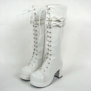 White 3.0" Heel High Cute PU Round Toe Bow Platform Girls Lolita Boots LF00220
