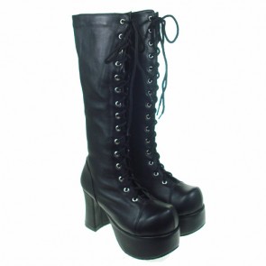 Black 3.7” Heel High Romatic Patent Leather Round Toe Cross Straps Platform Lady Lolita Boots LF00219