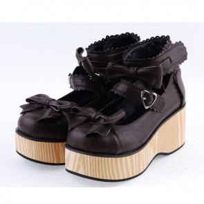 Brown 2.8" High Heel Classical Patent Leather Bow Straps Platform Girls Lolita Shoes LF0052