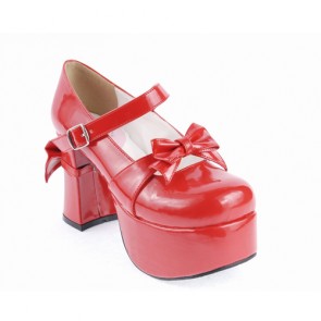Red 3.7" High Heel Cute PU Round Toe Strap Bowknot Platform Girls Lolita Shoes LF0032
