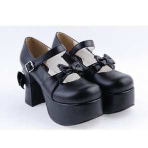 Black 3.7" High Heel Classic Patent Leather Round Toe Strap Bow Platform Girls Lolita Shoes LF0033