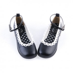 Black 1" High Heel Beautiful Polyurethane Round Toe Ankle Straps Polka Dot Pattern Insole Platform Girls Lolita Shoes LF0034