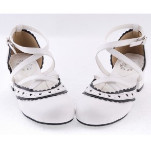 White & Black 2.6" High Heel Gorgeous Patent Leather Round Toe Criss Cross Straps Scalloped Platform Girls Lolita Shoes LF0041