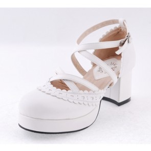 White 2.6" High Heel Elegant PU Round Toe Criss Cross Straps Scalloped Platform Girls Lolita Shoes LF0040