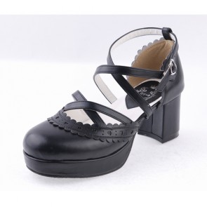 Black 2.6" High Heel Romantic Synthetic Leather Round Toe Criss Cross Straps Scalloped Platform Girls Lolita Shoes LF0043