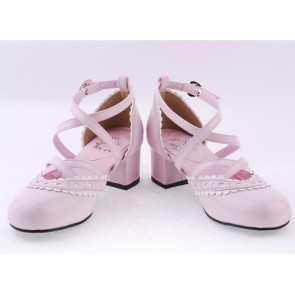 Pink & White 2.6" High Heel Glamorous Polyurethane Round Toe Criss Cross Straps Scalloped Platform Girls Lolita Shoes LF0042