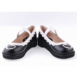 Black & White1.2" High Heel Lovely Polyurethane Round Toe Strap Heart Decoration Platform Girls Lolita Shoes LF0046