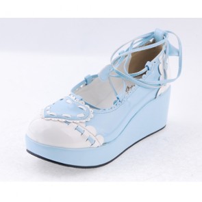 Sky-blue 2.4" High Heel Charming Synthetic Leather Scalloped Criss Cross Lace Tie Platform Girls Lolita Shoes LF0054