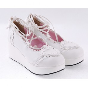 White 2.4" High Heel Sexy PU Scalloped Lace Tie Platform Girls Lolita Shoes LF0055