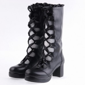 Black 2.6" Heel High Sexy Suede Round Toe Criss Cross Straps Platform Lady Lolita Boots LF00226