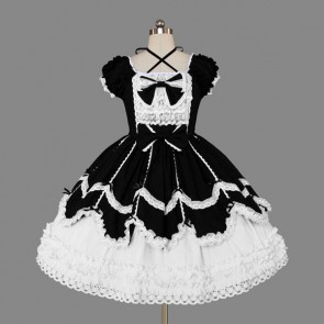 Black And White Short Sleeves Bow Gothic Lolita Dress LD00278