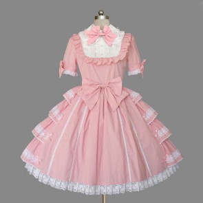Pink Short Sleeves Turndown Collar Cotton Sweet Lolita Dress LD00284