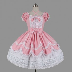 Pink And White Short Sleeves Cotton Classic Lolita Dress LD00286