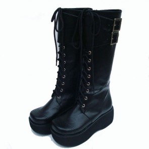 Black 2.6" Heel High Charming PU Round Toe Cross Straps Platform Lady Lolita Boots LF00232