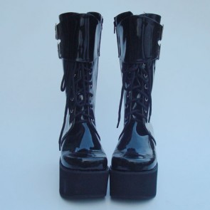 Black 3.5" Heel High Beautiful Suede Round Toe Cross Straps Platform Girls Lolita Boots LF00229