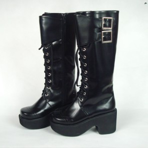 Black 3.5" Heel High Lovely Polyurethane Round Toe Cross Straps Platform Girls Lolita Boots LF00230