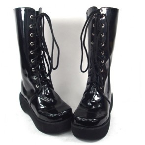 Black 2.4" Heel High Beautiful Synthetic Leather Round Toe Cross Straps Platform Girls Lolita Boots LF00231